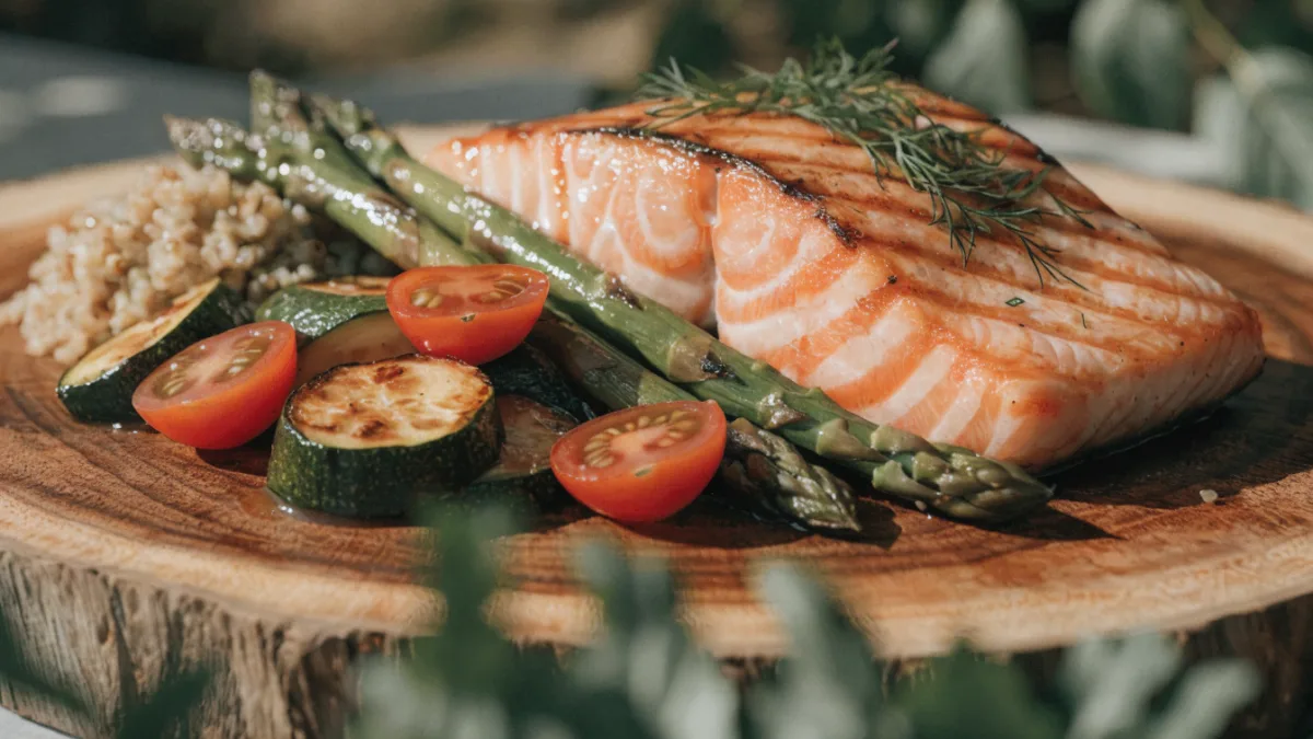 Talerz z grillowanym łososiem, szparagami, pomidorkami, cukinią i komosą ryżową na drewnianej desce, obok glukometr.