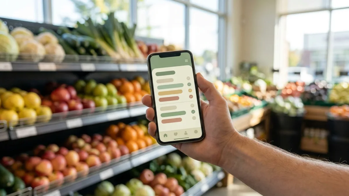 Dłoń trzymająca smartfon z otwartą zieloną aplikacją listy zakupów (checklista z odhaczeniami) w jasnym dziale warzywno-owocowym sklepu, naturalne światło, ujęcie z perspektywy pierwszej osoby.